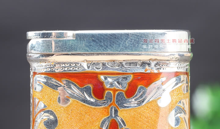 淘金周 德国十字架Sillems 纯银珐琅雕花烟斗打火机 双面珐琅黄色-4