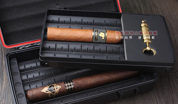 便携雪茄保湿盒 季风塑料10支金色 户外密封防水雪茄盒含打孔器-6