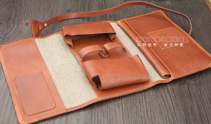 法国CHACOM CC烟斗包 棕色牛皮帆布2斗包 023BE-2