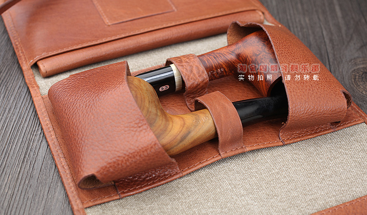 法国CHACOM CC烟斗包 棕色牛皮帆布2斗包 023BE-4