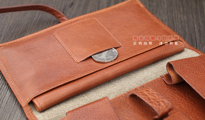 法国CHACOM CC烟斗包 棕色牛皮帆布2斗包 023BE-5