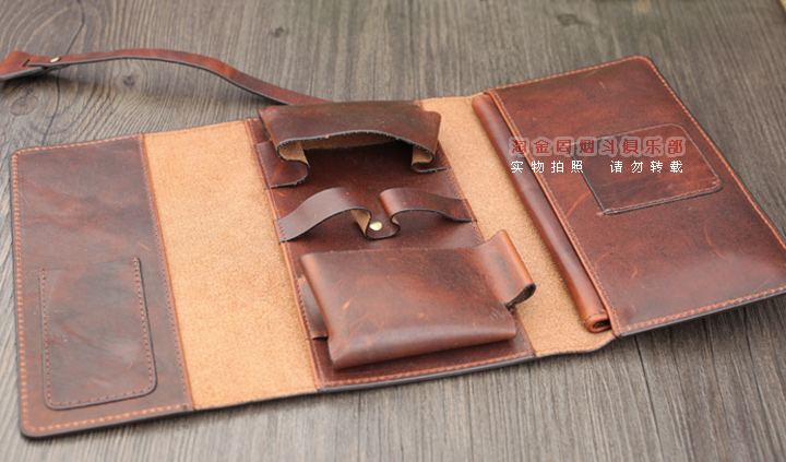 法国CHACOM CC烟斗包 棕色牛皮帆布2斗包 023BR-2