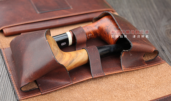 法国CHACOM CC烟斗包 棕色牛皮帆布2斗包 023BR-3